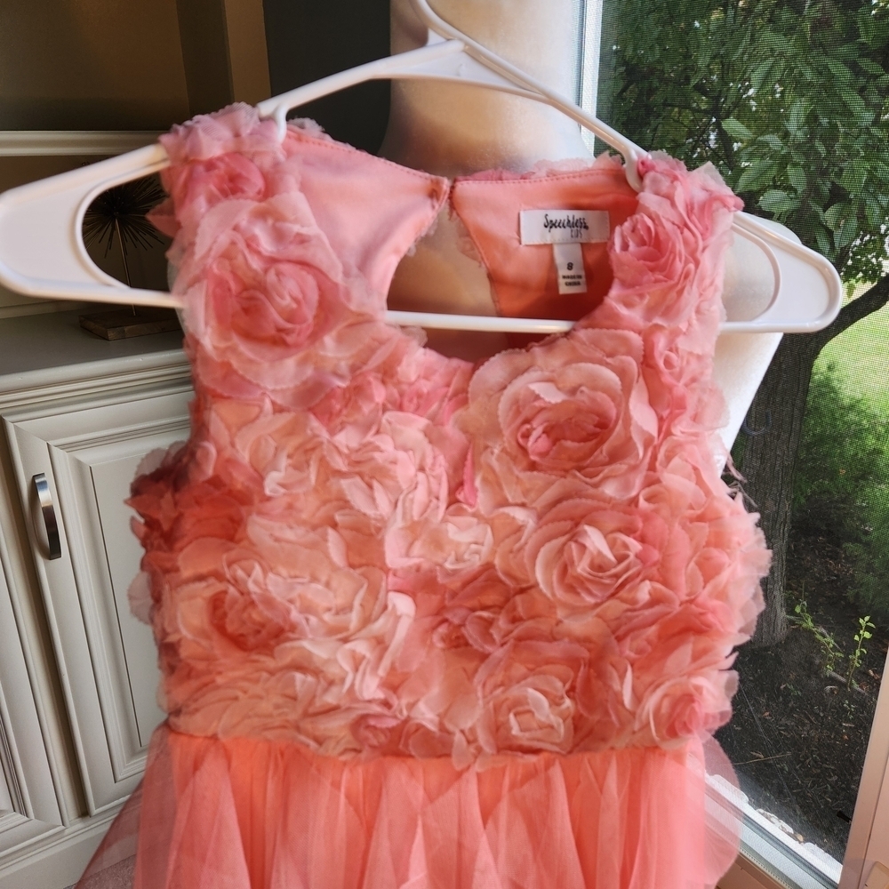 Floral Kids Dress, Coral, Ruffles, Size 8 - Picture 2 of 11